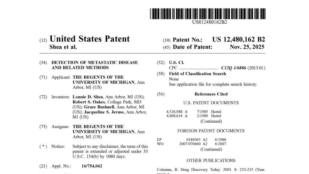 Metastasis Diagnostic Patent&nbsp;Awarded