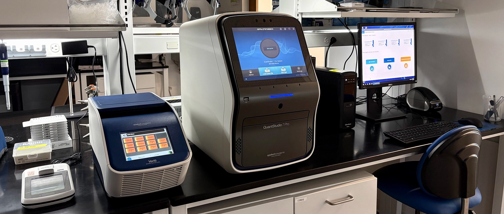 Key equipment in Oakes Lab gene expression workflow, including: QuantStudio 7 Pro, Veriti thermo cycler, and Qubit.